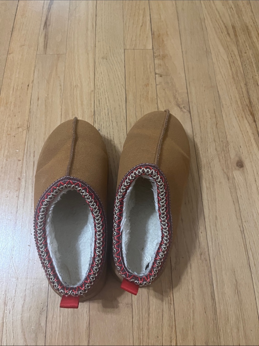 Tan Cozy Slip-On Shoes with Red Trim